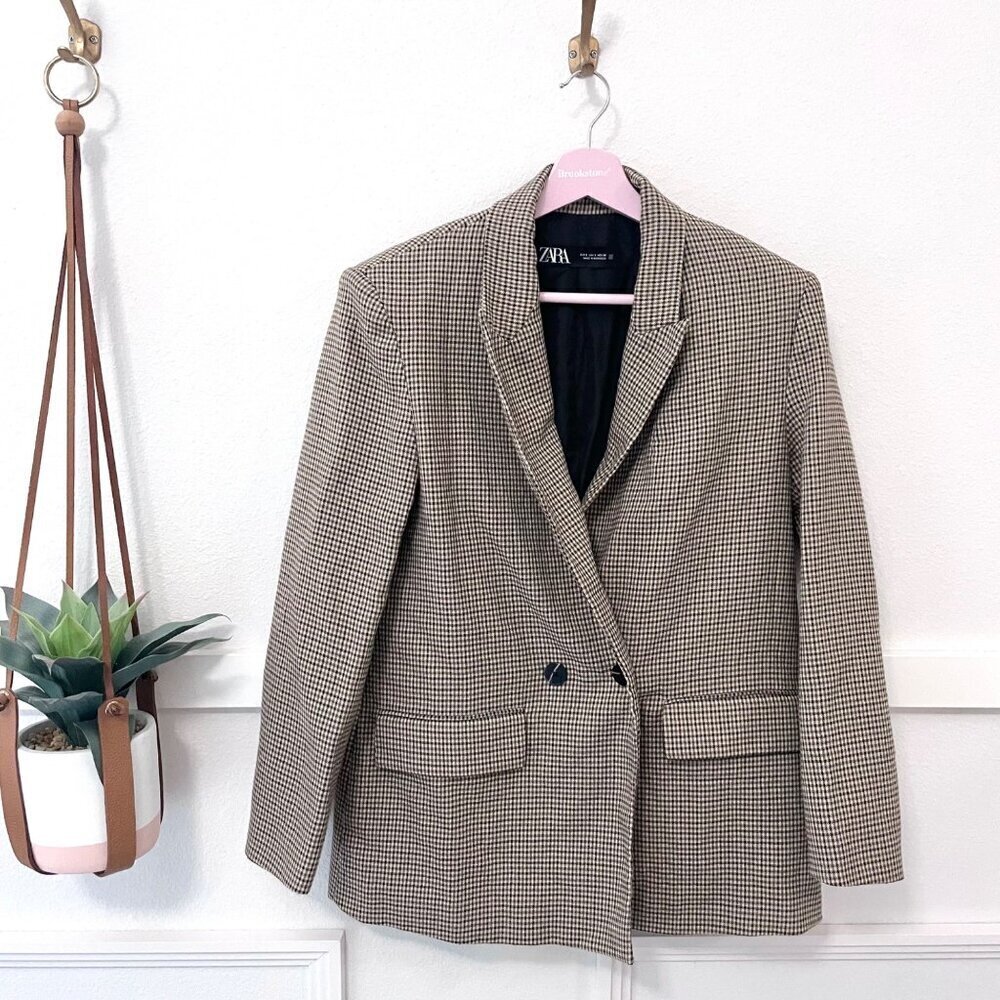 Zara Houndstooth Brown Black Long Sleeve Lapel Collar Blazer Size S